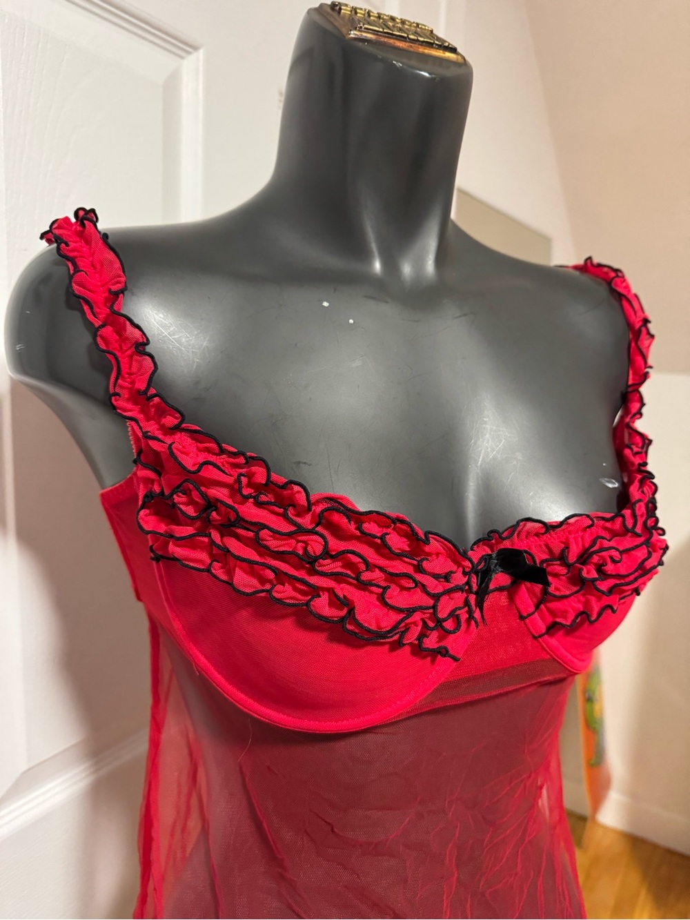 Red Ruffled Sheer Babydoll Lingerie - Picture 2 of 5